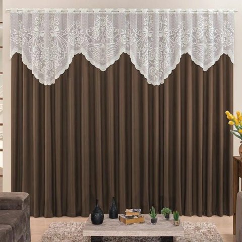 Cortina 2,00m X 1,70m do Momento Sala Quarto Renda com Microfibra P Varão Tabaco