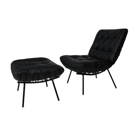 Poltrona com Puff Laura Couro Preto - Sallar Home