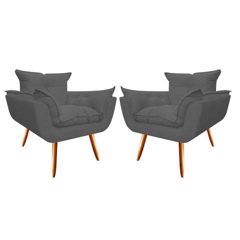 Kit 2 Poltronas Decorativa Opala Suede Cinza Pés Madeira Mz Decor