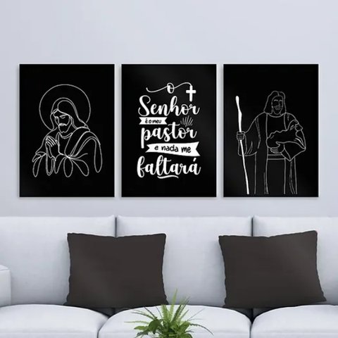 Kit 3 Quadros Modernos Jesus - Meu Pastor 33x24cm - com Vidro:moldura Preta