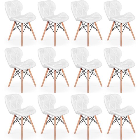 Kit 12 Cadeiras de Jantar Charles Eames Slim Wood Estofada - Branco