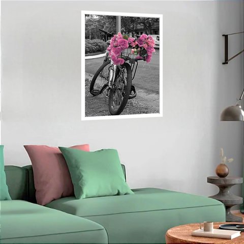 Quadro Decorativo Bicicleta Flores Rosas - 70x50cm:moldura Branca