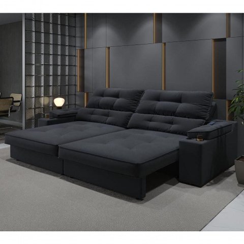 Sofá com Chaise Santiago 4 Lugares Retrátil e Reclinável 230cm Grafite Suede