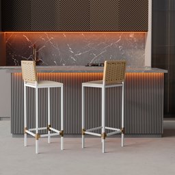 Conjunto 2 Banquetas Turquia Alta em Aço com Assento Estofado e Encosto de Junco Areia - 8
