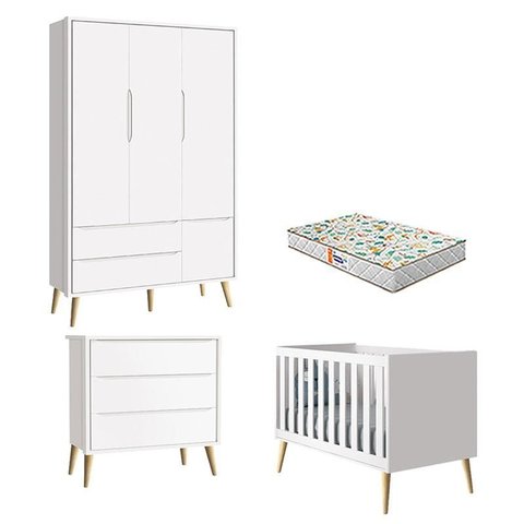 Quarto de Bebê 3 Portas e Cômoda Gaveteiro Theo Branco Pés Madeira Natural com Colchão Gazin – Relle