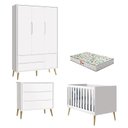 Ver imagem 1 de Quarto de Bebê 3 Portas e Cômoda Gaveteiro Theo Branco Pés Madeira Natural com Colchão Gazin – Relle