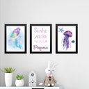 Ver imagem 1 de Kit 3 Quadros Infantis Sereia - Sonhe Alto 33x24cm:moldura Branca