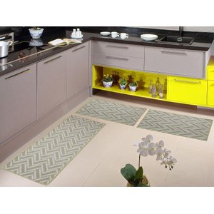 Jogo Kit Tapete Cozinha Passadeira Creme Bege Antiderrapante