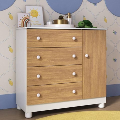 Cômoda Infantil 95cm 1 Porta e 4 Gavetas Allegra Multimóveis Mp4444 Branco/madeirado