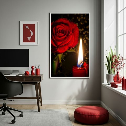 Quadro Umbanda Rosa e Vela Vermelha - 70x50cm:moldura Branca