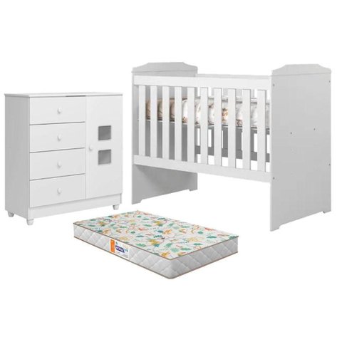 Berço Americano com Cômoda Carinho MDF Colchão Espuma Branco Acetinado Tigus