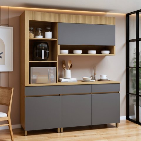 Cozinha Completa Modulada 3 Peças 4 Portas 3 Gavetas Torre Angular 100% MDF Realeza Premium Cinza/Carvalho/Titânio