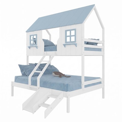 Beliche Casal/ Solteiro Casinha Encantada com Kit Escada/ Escorregador Madeira Maciça Branco/ Azul
