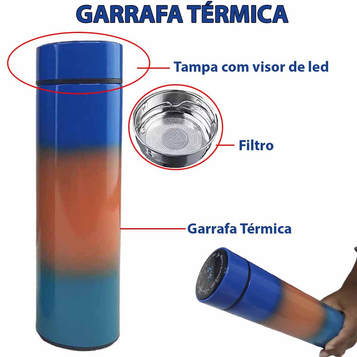 Garrafa Termica Sensor Temperatura Visor Led Kit 2 Uni Squeeze Motivacional  2 Litros Com Medidor Aço Inox Resistente Viagem Passeio Academia Estudos