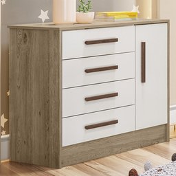 Cômoda Infantil Encanto 1 Porta 4 Gavetas Carvalho/Branco - Qmovi - 1