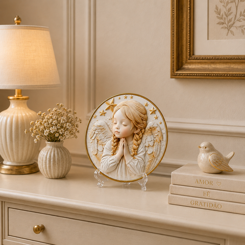 Quadro Anjo da Guarda em Mdf Alto Relevo com Suporte Decorativo Dourado