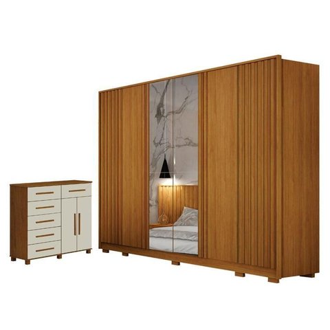 Guarda Roupa Casal Evo 6 Portas com Espelho Cinamomo com Cômoda São Paulo 6 Gavetas 2 Portas