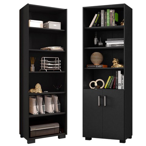 Kit Livreiro 2 Portas Pequenas Livreiro 5 Prateleiras Office Preto