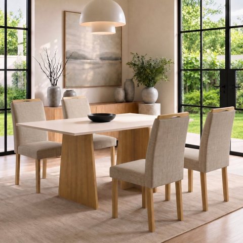 Conjunto de Mesa de Jantar 4 Lugares Lyra em MDF 120x80cm Cinamomo e Off White