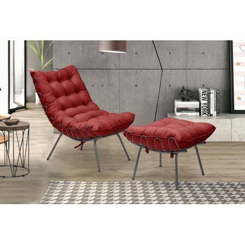 Poltrona Decorativa Costela com Puff Adão Preto Vermelho