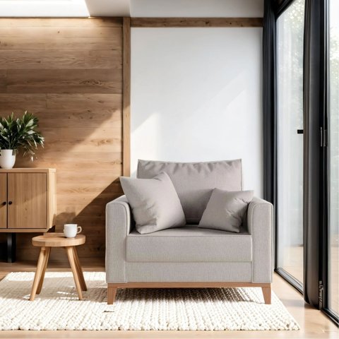 Poltrona Beny Base Fixa em Madeira Sala de Estar Linho Cru