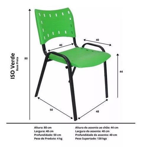 Kit Com 6 Cadeiras Iso Para Escola Escritório Comércio Verde Base Preta - 4