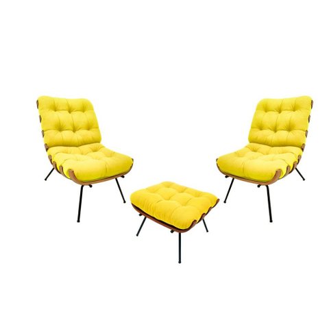 Kit 02 Poltronas e 01 Puff Costela Suede Amarelo