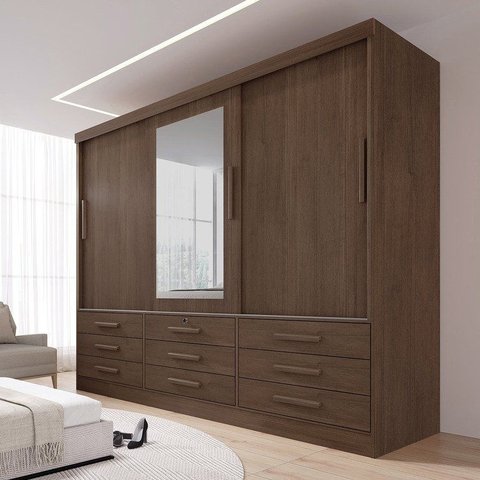 Guarda-Roupa 3 Portas de Correr 9 Gavetas com Espelho MDF Castanho Meridian Gold