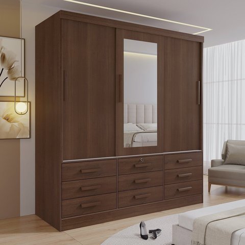 Guarda-Roupa 3 Portas de Correr 9 Gavetas com Espelho MDF Castanho Meridian Gold
