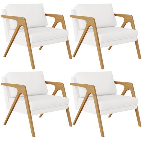 Kit 04 Poltrona Decorativa Para Sala Pietra Estrutura De Madeira L02 Corano Branco - Lyam Decor