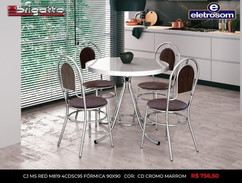 Conjunto de Mesa Brigatto BREST RED cromado 4 Cadeiras -90X90