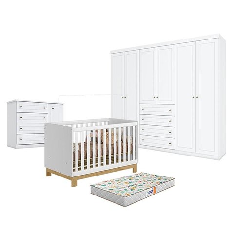 Quarto de Bebê Americano 6 Portas Com berço Americano Mini Cama Q Encanto Slim Branco Acetinado - Qm