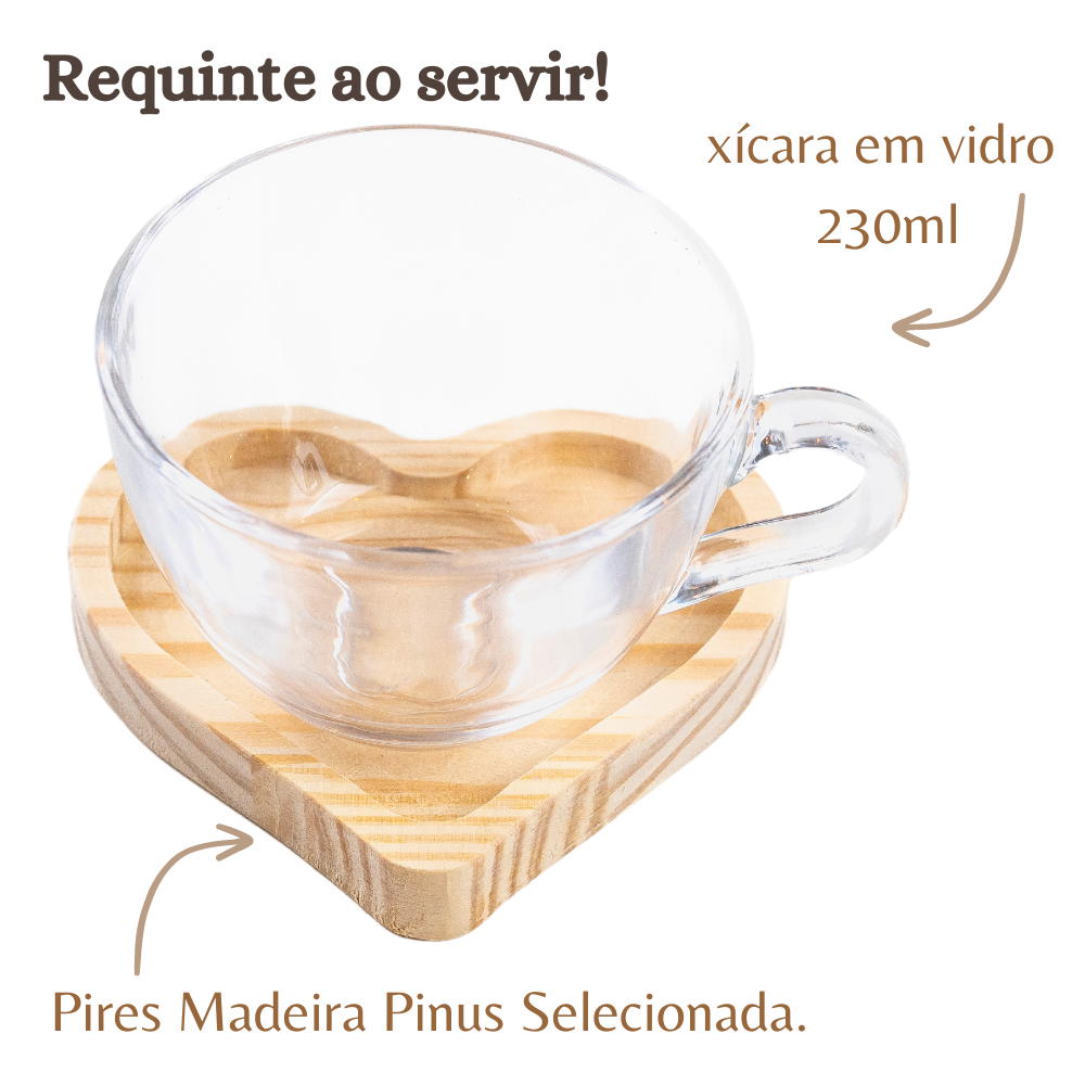 Conjunto de Xícara de Chá Colher Dourada e Pires em Madeira - 3