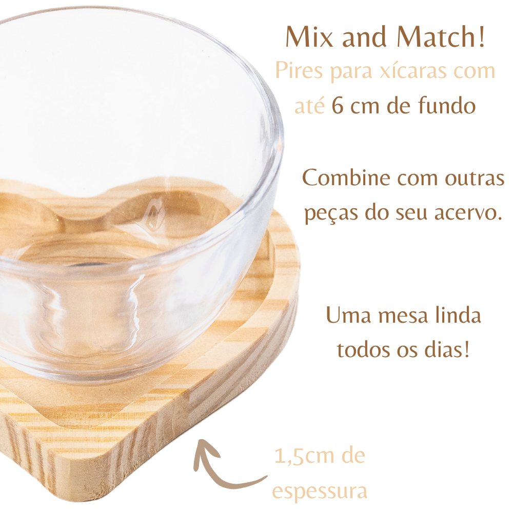 Conjunto de Xícara de Chá Colher Dourada e Pires em Madeira - 4