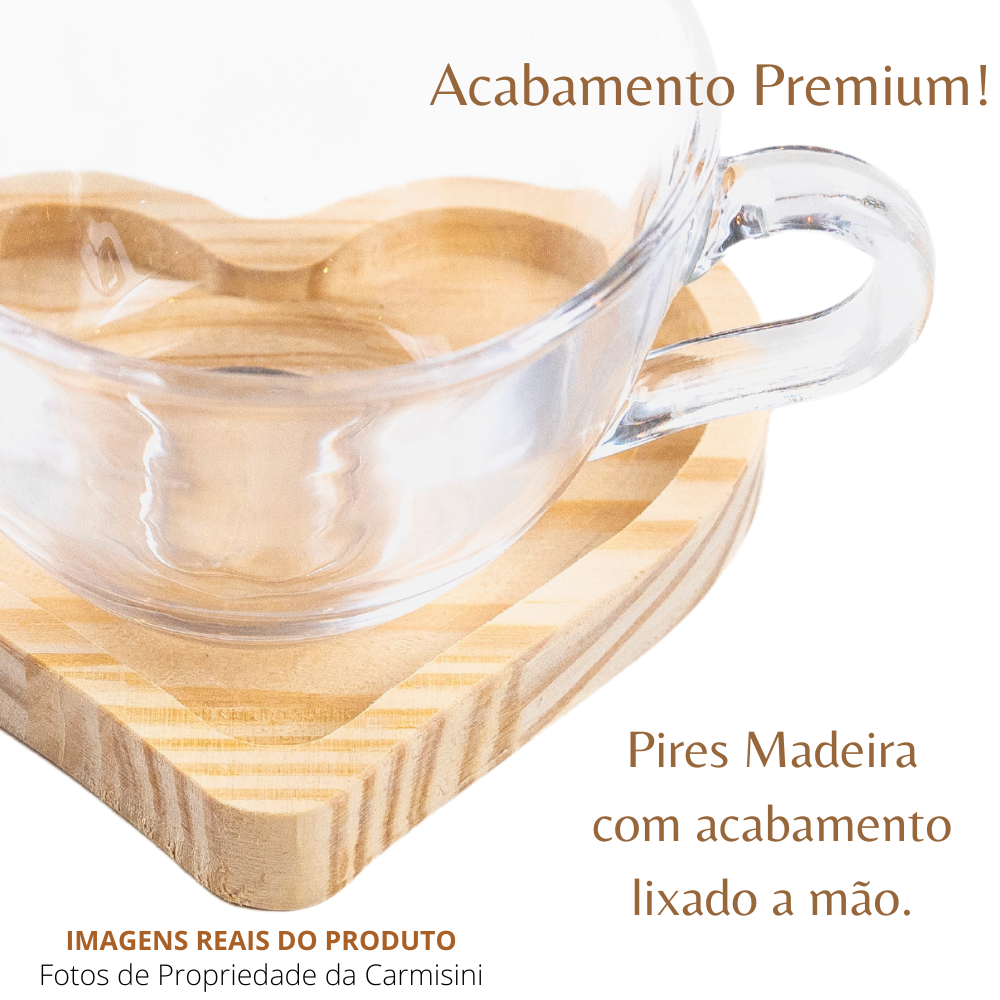Conjunto de Xícara de Chá Colher Dourada e Pires em Madeira - 6