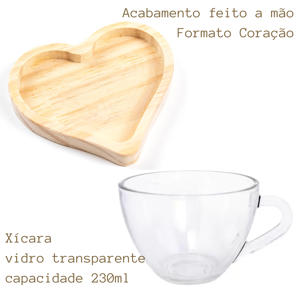 Conjunto de Xícara de Chá Colher Dourada e Pires em Madeira - 7