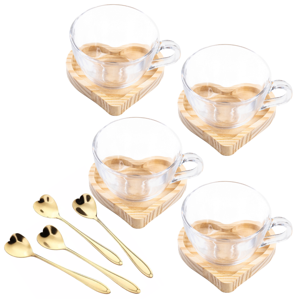 Conjunto de Xícara de Chá Colher Dourada e Pires em Madeira