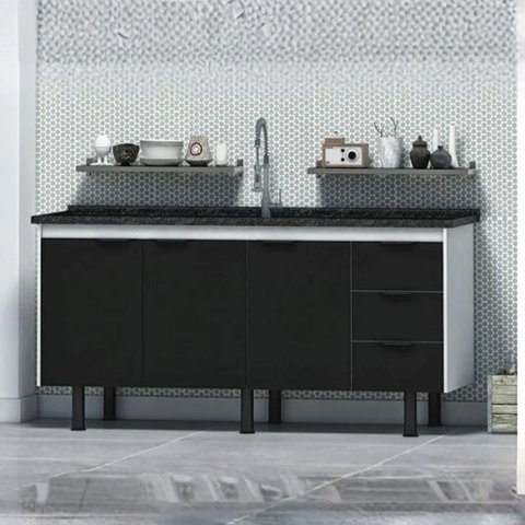Gabinete Cozinha 174cm Armário 100% MDF 3 Portas 3 Gavetas:Preto/Preto
