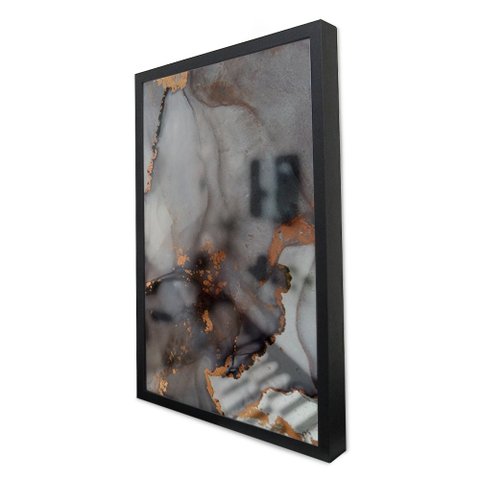 Quadro Decorativo Caixa Alta com Vidro Abstrato Mármore Elegance Black Gray TaColado Moldura Preta 1