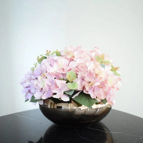 Flores artificiais Arranjo de Hortênsias Rosas no Vaso Bronze |Linha permanente Formosinha