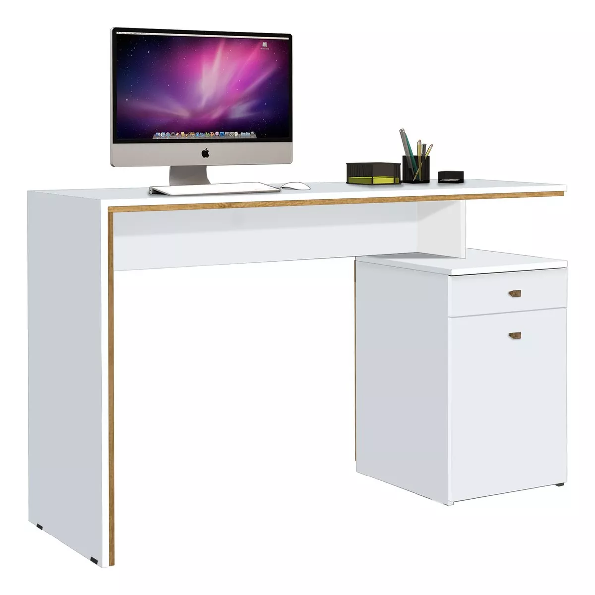 Mesa Escrivaninha para Trabalhar Estudar Branca de Madeira Espaçosa com 1 Gaveta e 1 Porta Eo