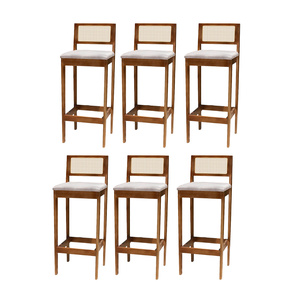 Kit 6 Banqueta Alta de Madeira com Assento Estofado e Encosto em Palhinha Bruna: Mel e Linho Cinza