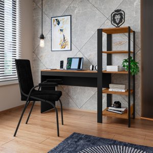 Mesa Escritório Computador Multiuso com Estante Lateral Artemis Canela