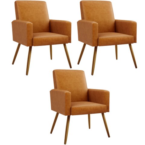 Kit 03 Poltronas Decorativa para Sala de Estar Maria W01 Pés Palito Couríssimo Whisky - Lyam Decor