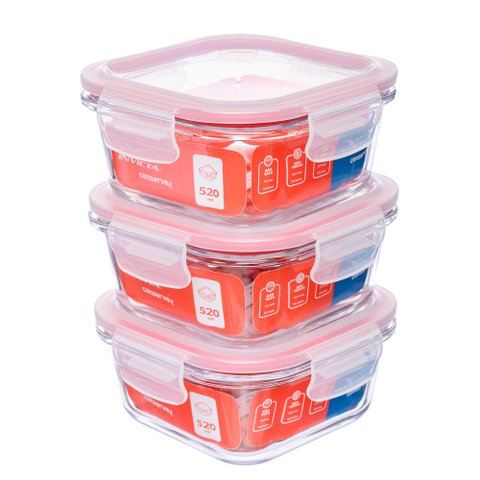 Kit com 3 Potes de Vidro Hermético 520ml Quadrado Invicta