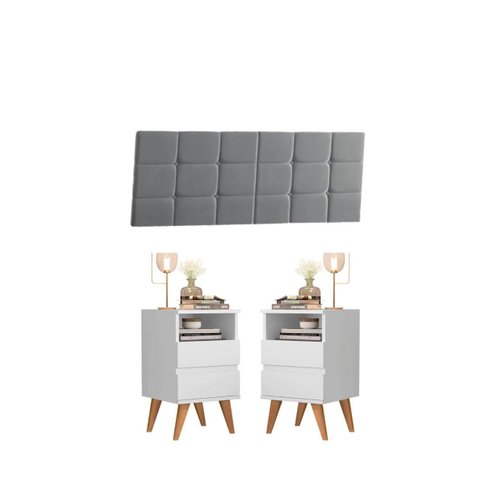 Conjunto Mesa de Cabeceira com Cabeceira Retrô Pés Palito - Pop - Varias Cores - Branco