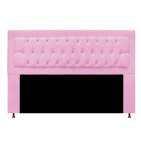 Cabeceira Estofada Bianca 195cm para Cama Box King Size com Botões Strass Cristais Corino Rosa Bebê