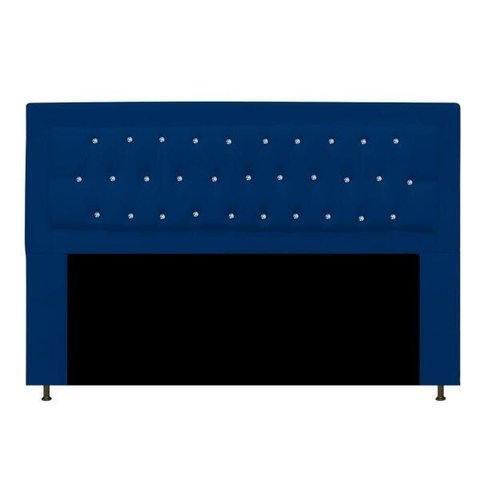 Cabeceira Estofada Bianca 140cm para Cama Box Casal com Botões Strass Cristais Corino Azul Marinho -