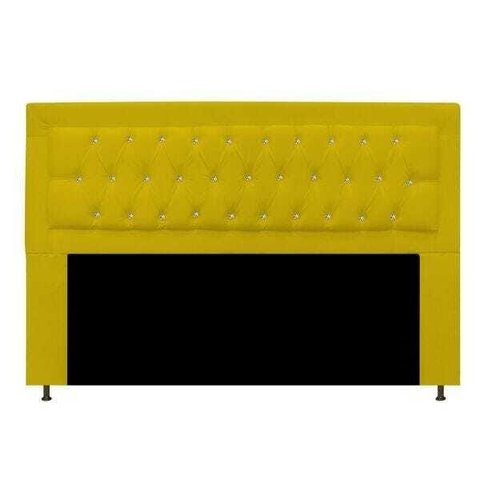Cabeceira Estofada Bianca 195cm para Cama Box King Size com Botões Strass Cristais Corino Amarelo -