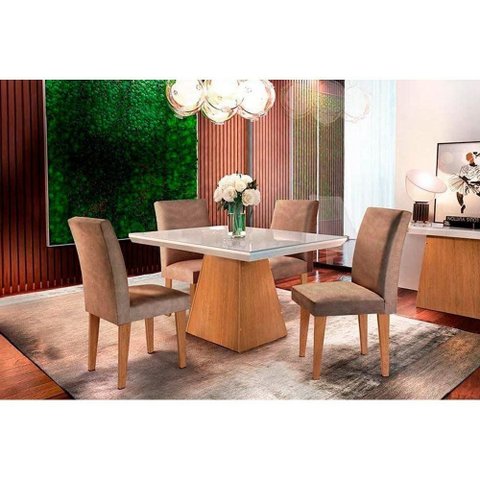 Sala de Jantar Completa Luna C/ Tampo Madeirado C/ Vidro Canto Reto 120cm + 4 Cadeiras Grécia